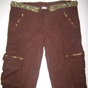Vintage Rare Linen Rayon Blend Fun Summer Sexy Sequins Waist Cargo Capri Pants